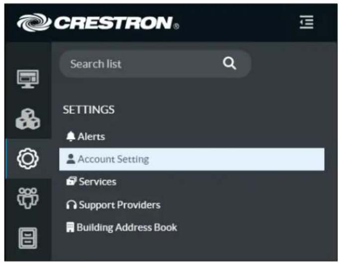 CRESTRON® Search list SETTINGS Alerts Account Setting Services Support Providers Building Address Book