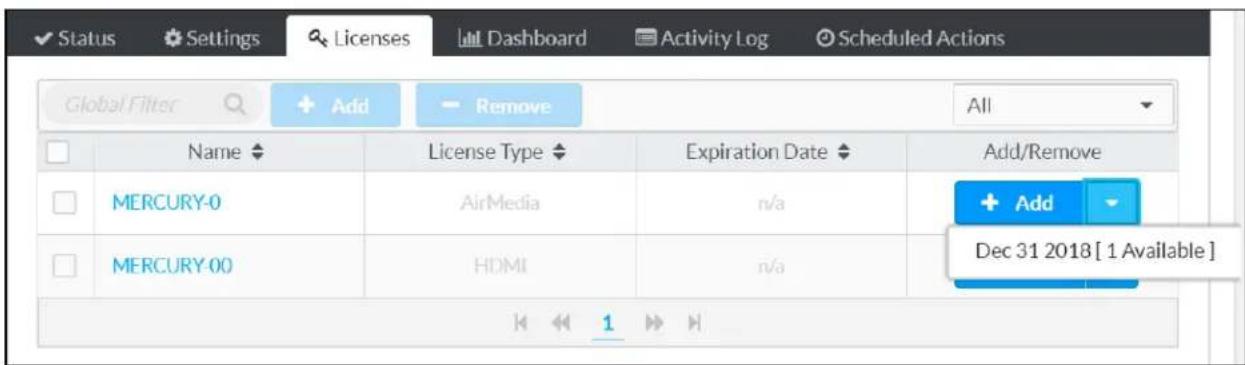 Status Settings Licenses Dashboard Activity Log Scheduled Actions Global Filter Add Remove All Name License Type Expiration Date Add/Remove MERCURY-0 AirMedia n/a MERCURY-00 HDMI n/a Dec 31 2018 [ 1 Available ]