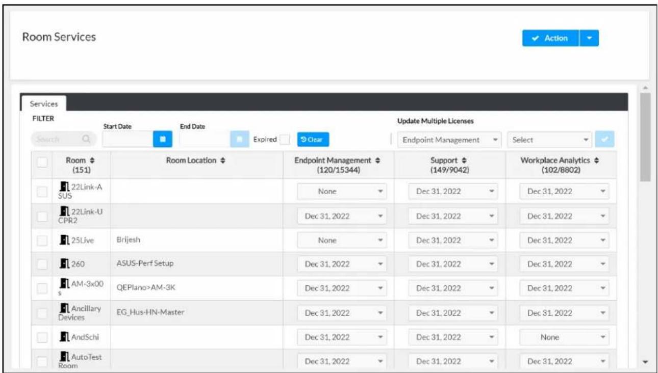 Room Services Services FILTER Start Date End Date Expired Clear Update Multiple Licenses Endpoint Management Select Search Room (151) Room Location Endpoint Management Support Workplace Analytics (102/8802) 22Link-A SUS None Dec 31, 2022 Dec 31, 2022 22Link-U CPR2 Dec 31, 2022 Dec 31, 2022 Dec 31, 2022 25Live Brijesh None Dec 31, 2022 Dec 31, 2022 Dec 31, 2022 260 ASUS-Perf Setup Dec 31, 2022 Dec 31, 2022 Dec 31, 2022 AM-3x00 QEPlano>AM-3K Dec 31, 2022 Dec 31, 2022 Dec 31, 2022 Ancillary Devices EG_Hus-HN-Master Dec 31, 2022 Dec 31, 2022 Dec 31, 2022 AndSchi Dec 31, 2022 Dec 31, 2022 None AutoTest Room Dec 31, 2022 Dec 31, 2022 Dec 31, 2022