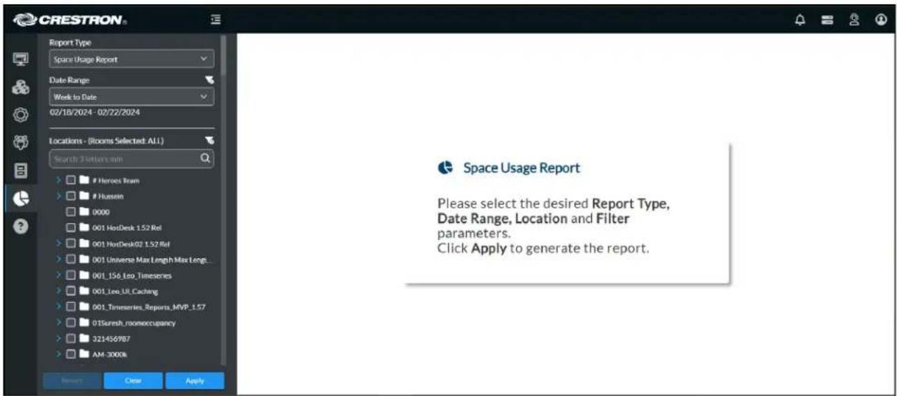 CRESTRON Report Type Space Usage Report Date Range: Week to Date 02/10/2024 - 02/22/2024 Locations - (Rooms Selected: ALL) Search 3 Letters min Heroes Team Hussain 0000 001 HostDesk 1.52 Rel 001 HostDesk02 1.52 Rel 001 Universe Max Length Max Long... 001_156_Ieo_Timeseries 001_Ieo_UL_Caching 001_Timeseries_Reports_MVP_1.57 01Suresh_roomoccupancy 321456987 AM-3000k Space Usage Report Please select the desired Report Type, Date Range, Location and Filter parameters. Click Apply to generate the report.
