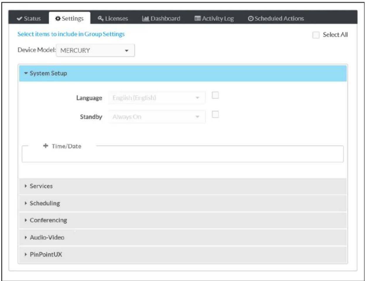 Status Settings Licenses Dashboard Activity Log Scheduled Actions Select items to include in Group Settings Select All Device Model: MERCURY System Setup Language English (English) Standby Always On + Time/Date Services Scheduling Conferencing Audio-Video PinPointUX