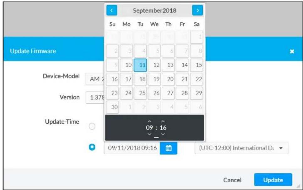 September2018 Su Mo Tu We Th Fr Sa Update Firmware Device-Model AM:2 16 17 18 19 20 21 22 Version 1.378 23 24 25 26 27 28 29 Update-Time 09 : 16 09/11/2018 09:16 (UTC-12:00) International D: Cancel Update