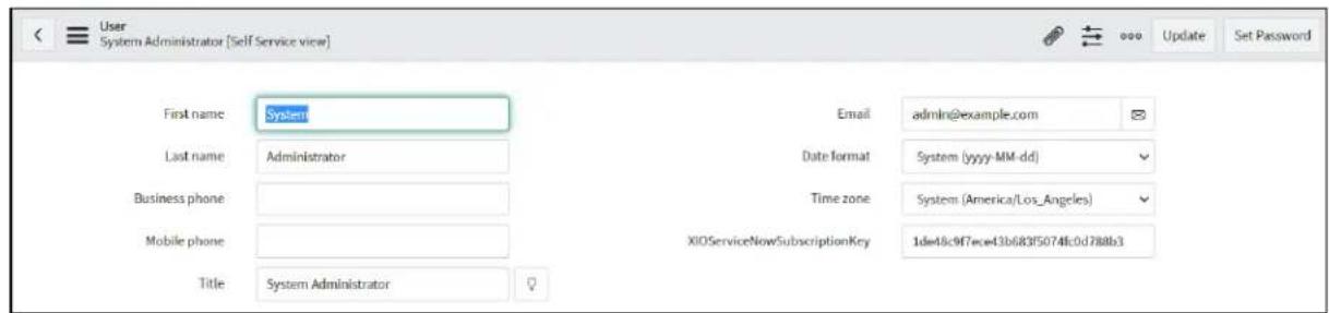 User System Administrator [Self Service view] First name: System Last name: Administrator Business phone: Mobile phone: Title: System Administrator Email: admin@example.com Date format: System (yyyy-MM-dd) Time zone: System (America/Los_Angeles) XIOServiceNowSubscriptionKey: 1dw48c9f7ecw43b683f5074fc0d788b3