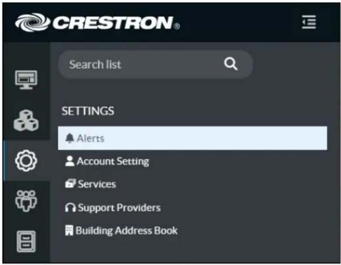 CRESTRON® Search list SETTINGS Alerts Account Setting Services Support Providers Building Address Book