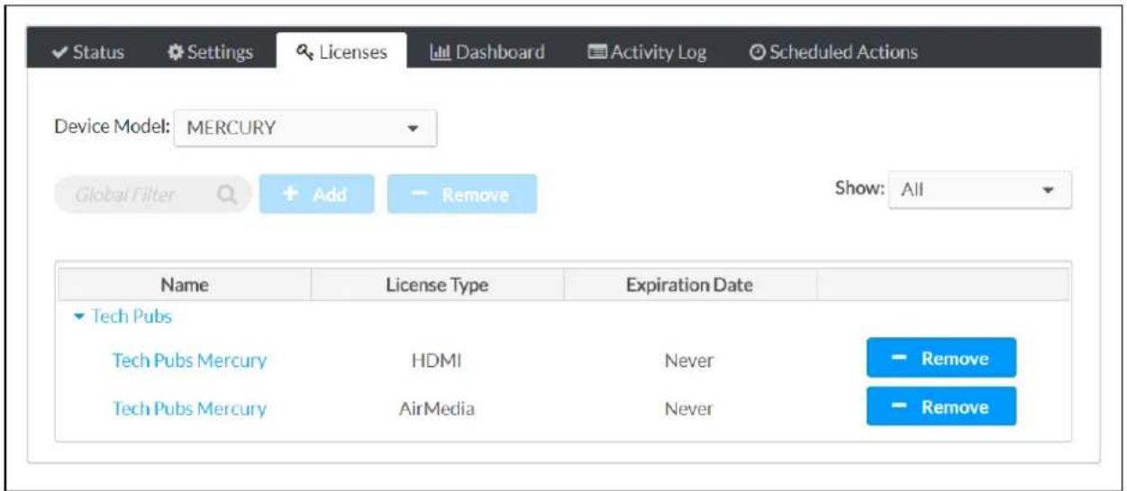 Status Settings Licenses Dashboard Activity Log Scheduled Actions Device Model: MERCURY Global Filter Add Remove Show: All Name License Type Expiration Date Tech Pubs Tech Pubs Mercury HDMI Never Remove Tech Pubs Mercury AirMedia Never Remove