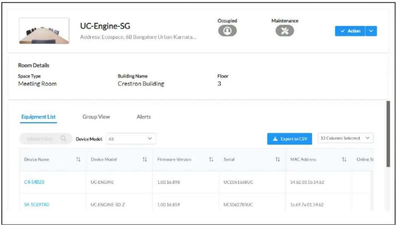 UC-Engine-SG Address: Ecospace, 6B Bangalore Urban Karnataka... Occupied Maintenance ✓ Action ✓ Room Details Space Type Building Name Floor Meeting Room Crestron Building 3 Equipment List Group View Alerts Global Editor Device Model: All Export to CSV 12 Columns Selected ✓ Device Name: T↓ Device Model T↓ Firmware-Version T↓ Serial T↓ MAC Address T↓ Online St C4-54B20 UC-ENGINE 1.00.16.898 UCED6166BUC 54.b2.03.1b.54.b2 S4-1C697A0 UC-ENGINE-SD-Z 1.00.16.859 UCS062785UC 1c.69.7a.01.54.b2
