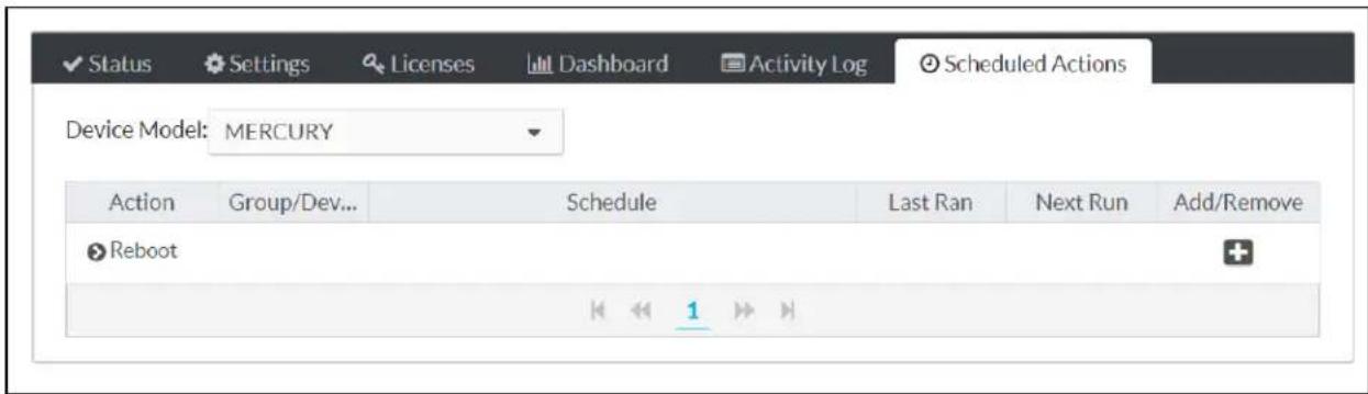 Status Settings Licenses Dashboard Activity Log Scheduled Actions Device Model: MERCURY Action Group/Dev... Schedule Last Ran Next Run Add/Remove Reboot 1