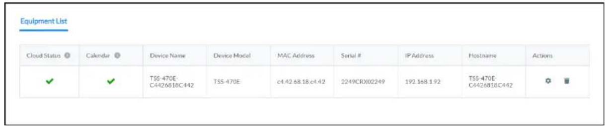 Equipment List Cloud Status ● Calendar ● Device Name Device Model MAC Address Serial # IP Address Hostname Actions ✓ ✓ TSS-470E-C4426818C442 TSS-470E c4.42 68.18.c4.42 2249CRX02249 192.168.1.92 TSS-470E-C4426818C442
