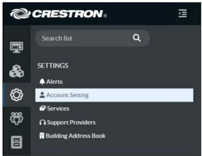 CRESTRON® Search list SETTINGS Alerts Account Setting Services Support Providers Building Address Book