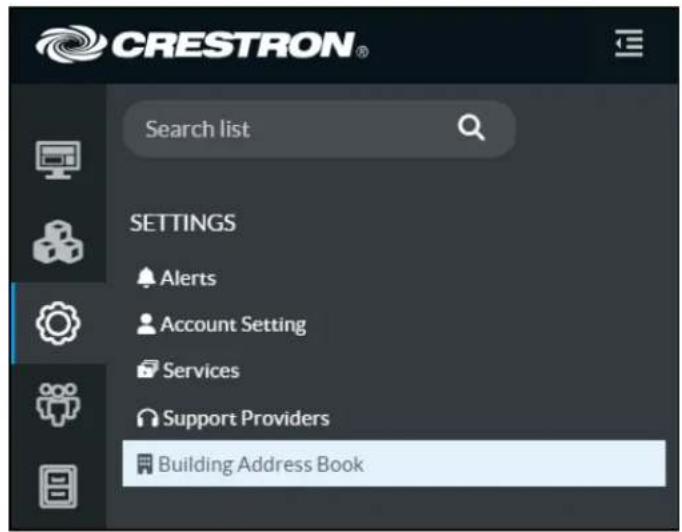 CRESTRON® Search list SETTINGS Alerts Account Setting Services Support Providers Building Address Book