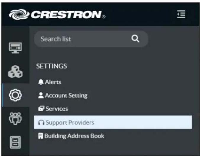 CRESTRON® Search list SETTINGS Alerts Account Setting Services Support Providers Building Address Book
