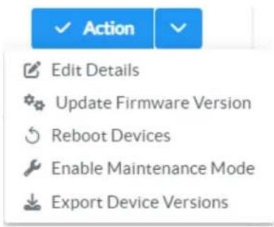 Action Edit Details Update Firmware Version Reboot Devices Enable Maintenance Mode Export Device Versions