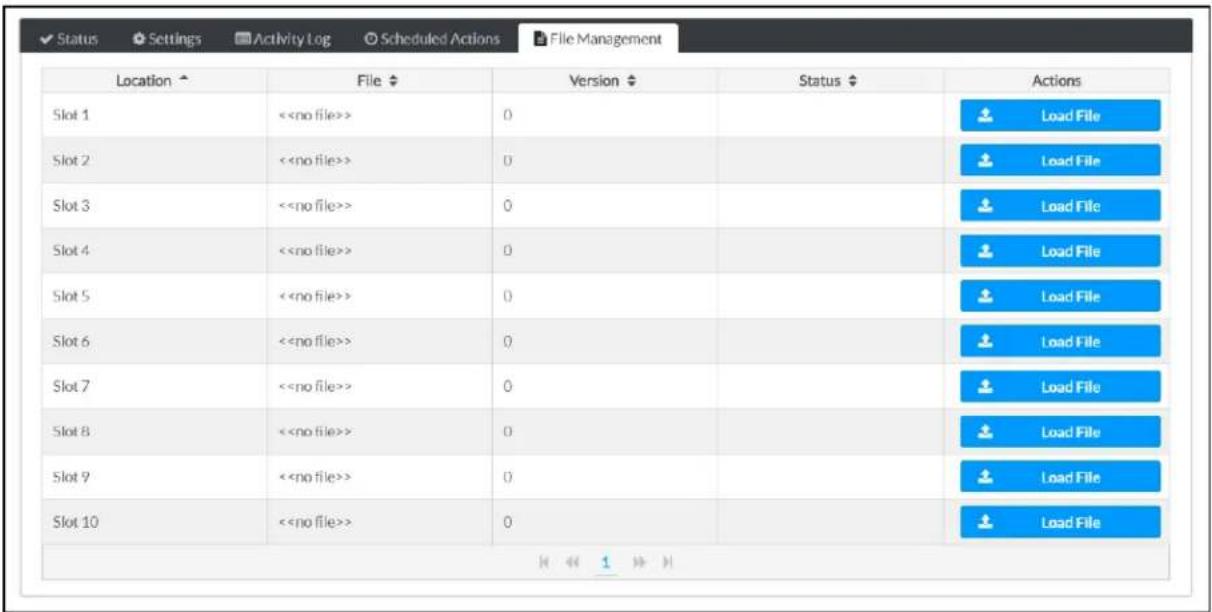 ✓ Status ⬤ Settings ⬇ Activity Log ⭕ Scheduled Actions ⏻ File Management Location ↑ File ↕ Version ↕ Status ↕ Actions Slot 1 < < no file>> 0 Slot 2 < < no file>> 0 Slot 3 < < no file>> 0 Slot 4 < < no file>> 0 Slot 5 < < no file>> 0 Slot 6 < < no file>> 0 Slot 7 < < no file>> 0 Slot 8 < < no file>> 0 Slot 9 < < no file>> 0 Slot 10 < < no file>> 0 ↓ ↓ ↓ ↓ ↓ ↓ Load File ↓ Load File ↓ Load File ↓ Load File ↓ Load File ↓ Load File ↓ Load File ↓ Load File ↓ Load File