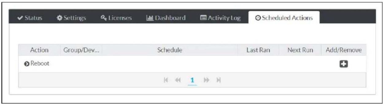 Status Settings Licenses Dashboard Activity Log Scheduled Actions Action Group/Dev... Schedule Last Ran Next Run Add/Remove Reboot 1