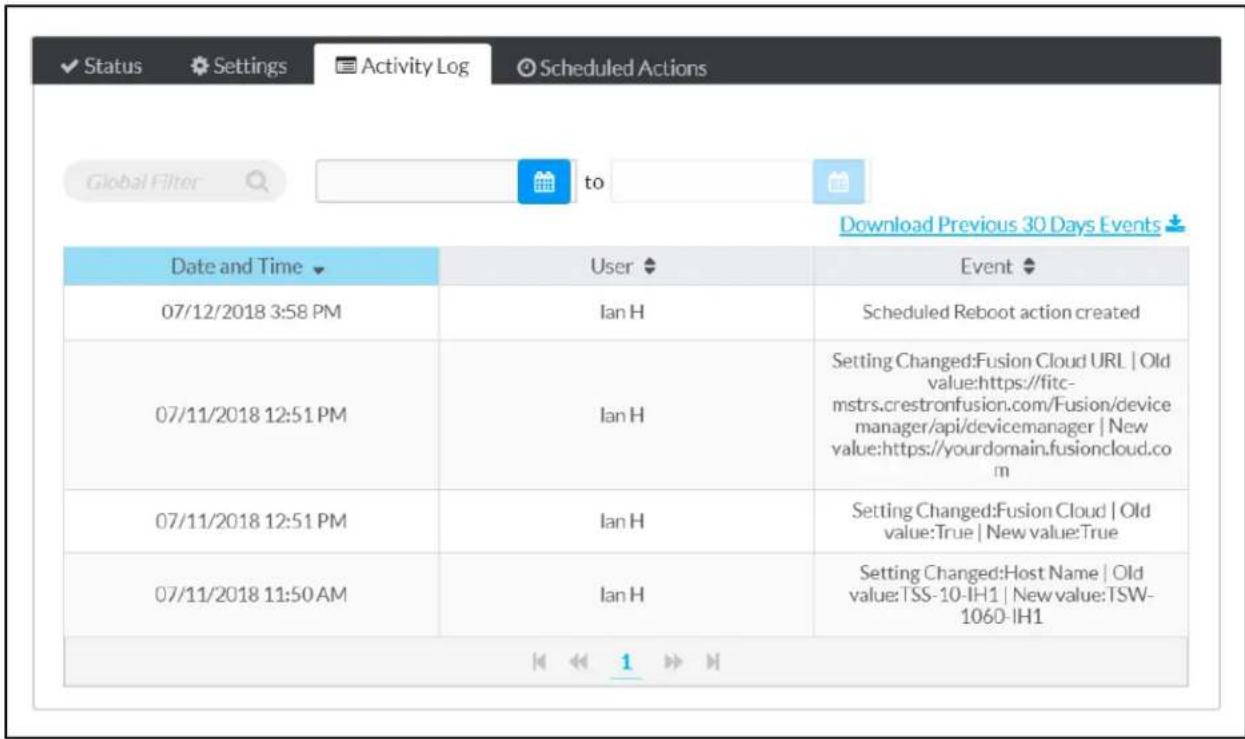 Status Settings Activity Log Scheduled Actions Global Filter to Download Previous 30 Days Events Date and Time User Event 07/12/2018 3:58 PM Ian H Scheduled Reboot action created 07/11/2018 12:51 PM Ian H Setting Changed:Fusion Cloud URL | Old value:https://fitc-mstrs.crestronfusion.com/Fusion/device manager/api/devicemanager | New value:https://yourdomain.fusioncloud.com 07/11/2018 12:51 PM Ian H Setting Changed:Fusion Cloud | Old value:True | New value:True 07/11/2018 11:50 AM Ian H Setting Changed:Host Name | Old value:TSS-10-IH1 | New value:TSW-1060-IH1