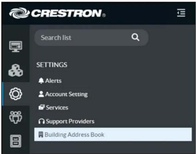 CRESTRON® Search list SETTINGS Alerts Account Setting Services Support Providers Building Address Book