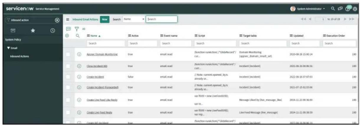 servicenow Service Management Inbound Email Actions Now Search Name Search System Policy Email Inbound Actions All Name Active Event name Script Target table Updated Execution Order Search Search Search Search Search Search Search ① Names Domain Monitoring true email.read (function runAction) / "GlideRecord" / C/C... Domain Monitoring [applet&_human_result_set] 2020-08-26 15:00:14 100 ② Close Incident XO true email.read (function runAction) / "Udaherant" / C/C... Incident [incident] 2022-08-16 08:06:56 100 ③ Create incident false email.read // Note: current opened_by is already se... Incident [incident] 2022-08-16 07:07:03 100 ④ Create incident (Forwarded) true email.read // Note: current opened_by is already se... Incident [incident] 2023-07-15 02:55:06 100 ⑤ Create Live Feed Like Reply true email.read var (Rust = new LiveFeed(Rust); var it... Message Liked by [live_message_like] 2014-11-21 09:36:00 100 ⑥ Create Live Feed Ready true email.read var (Rust = new LiveFeed(Rust); var rep... Live Feed Message [live_message] 2014-11-21 09:38:59 100 ⑦ Create RIO Incident true email.read (function runAction) / "GlideRecord" / Incident Incident 2022-08-16 08:06:14 100