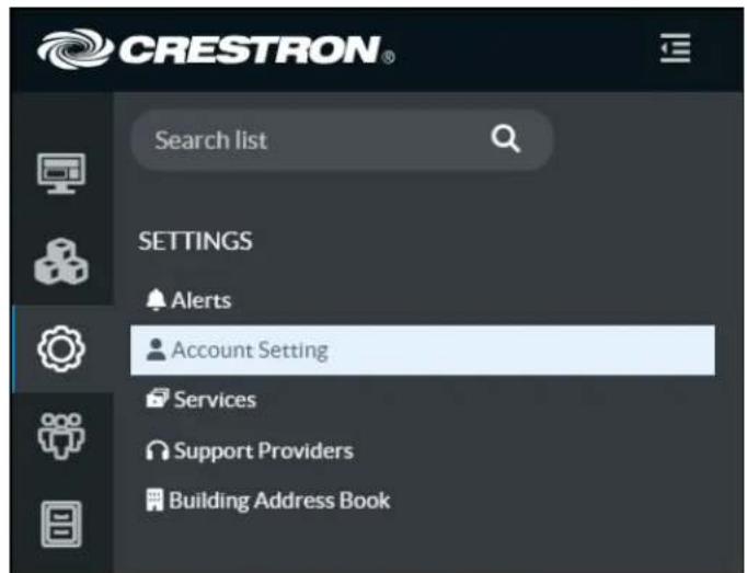 CRESTRON® Search list SETTINGS Alerts Account Setting Services Support Providers Building Address Book
