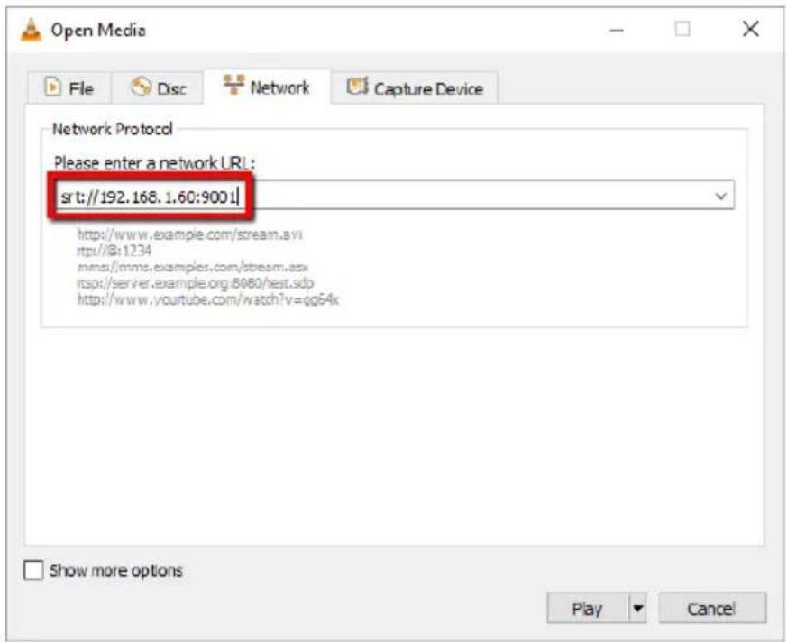 Open Media File Disc Network Capture Device Network Protocol Please enter a network URL: sr.t://192.168.1.60:9001 http://www.example.com/scream.avi http://8:1234 mms//mms.examples.com/stream.asx itspi/server.example.org/8080/test.sdb http://www.youtube.com/watch?v=$g54x Show more options Play Cancel