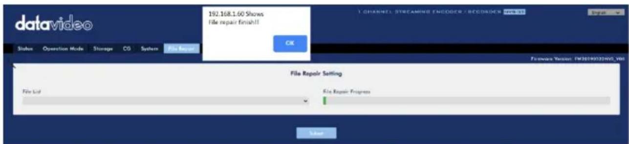 datavideo 192.168.1.60 Shows File repair finish!! Status Operation Mode Storage CG System File Repair OK CHANNEL STREAMING ENODDER / RECORDEN VBS SS Import File Repair Setting File List File Repair Progress Start