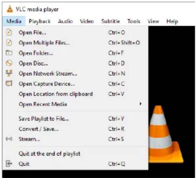 VLC media player Media Playback Audio Video Subtitle Tools View Help Open File... Ctrl+O Open Multiple Files... Ctrl+Shift+O Open Folder... Ctrl+F Open Disc... Ctrl+D Open Network Stream... Ctrl+N Open Capture Device... Ctrl+C Open Location from clipboard Ctrl+V Open Recent Media Save Playlist to File... Ctrl+V Convert / Save... Ctrl+R Stream... Ctrl+S Quit at the end of playlist Quit Ctrl+Q