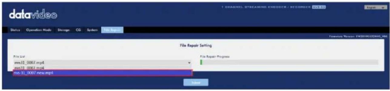 datavideo Status Operation Mode Storage CG System File Repair File Repair Setting File List ms-31_0007.mp4 ms-31_0007.mp4 ms-31_0007-new.mp4 File Repair Progress Save