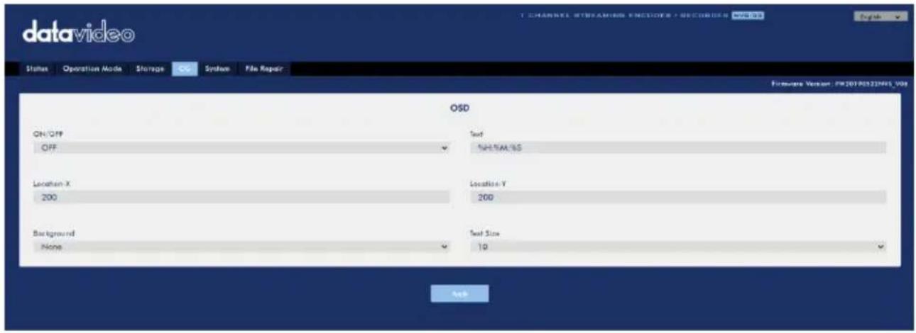 datavideo Status Operation Mode Storage CG System File Repair OSD ON/OFF Text OFF NAME: 100 Location X Location Y 200 200 Background Text Size None 10 Add