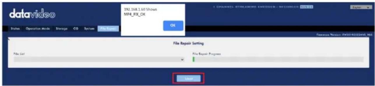 datavideo 192.168.1.60 Shows MIFI_FIX_OK File Repair Setting File List File Repair Progress OK