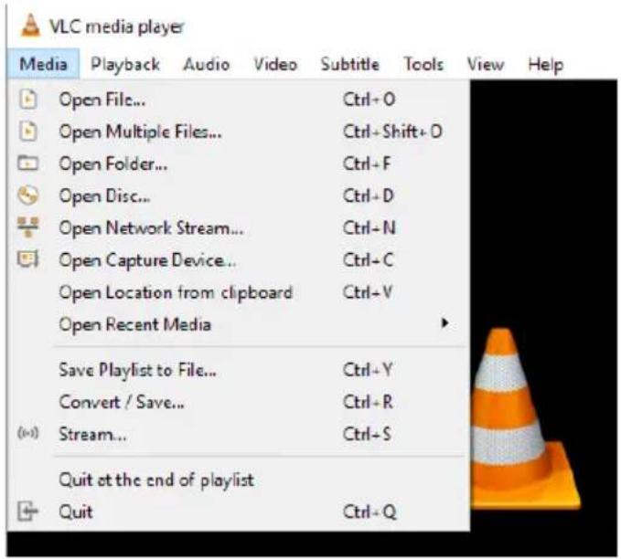 VLC media player Media Playback Audio Video Subtitle Tools View Help Open File... Ctrl+O Open Multiple Files... Ctrl+Shift+D Open Folder... Ctrl+F Open Disc... Ctrl+D Open Network Stream... Ctrl+N Open Capture Device... Ctrl+C Open Location from clipboard Ctrl+V Open Recent Media Save Playlist to File... Ctrl+Y Convert / Save... Ctrl+R Stream... Ctrl+S Quit at the end of playlist Quit Ctrl+Q