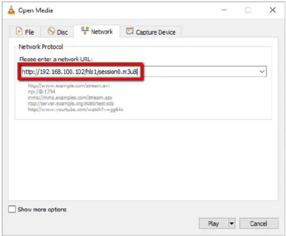 Open Media File Disc Network Capture Device Network Protocol Please enter a network URL: http://192.168.100.102/hls1/session0.m3u8| http://www.example.com/stream.evirtpi/@:1234mms/mms.examples.com/stream.asxrtsp//server.example.org:8080/test.sdphttp://www.yourtube.com/watch?v-gg64x Show more options Play Cancel