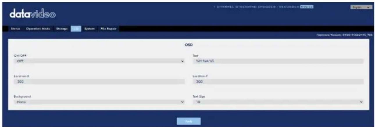 datavideo Status Operation Mode Storage System File Repair OSD ON/OFF OFF Text NAT-SAN-NS Location-X 200 Location-Y 200 Background None Text Size 10 Help