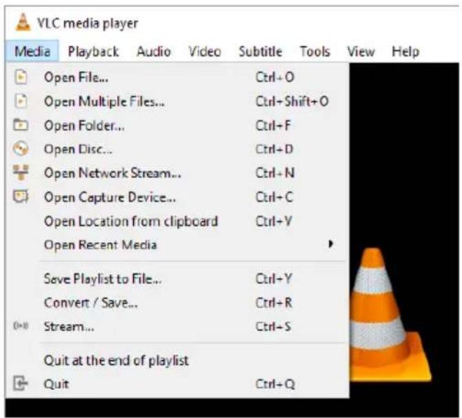 VLC media player Media Playback Audio Video Subtitle Tools View Help Open File... Ctrl+O Open Multiple Files... Ctrl+Shift+O Open Folder... Ctrl+F Open Disc... Ctrl+D Open Network Stream... Ctrl+N Open Capture Device... Ctrl+C Open Location from clipboard Ctrl+V Open Recent Media Save Playlist to File... Ctrl+Y Convert / Save... Ctrl+R Stream... Ctrl+S Quit at the end of playlist Quit Ctrl+Q