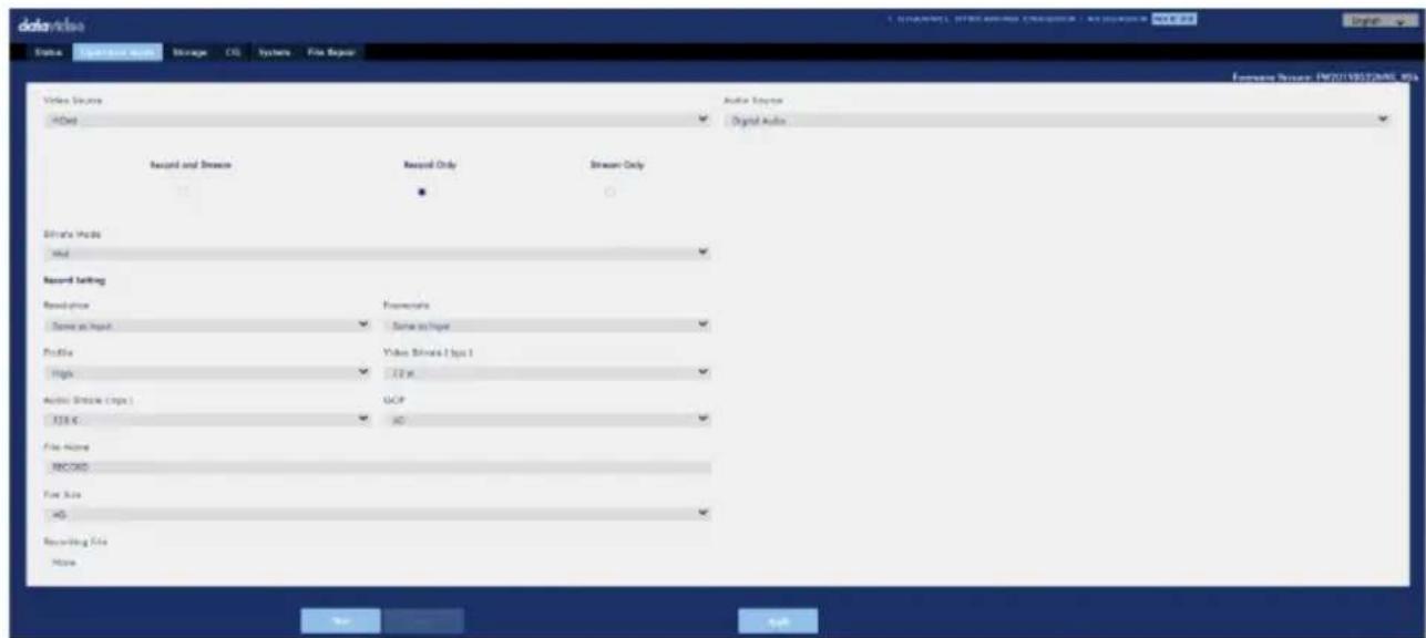 Video Records HD/HD Record and Stream Record Only Stream Only Audio Options Digital Audio Estate Video Hid Record Setting Resolution Same as Input Properties Same as Input Profile High Video Bands 1 type 1 12 pt Audio Stream Type FSS C GCP HD File Name RECORD File Size HD Recording File None T0 S0 Out