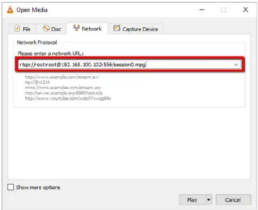 Open Media File Disc Network Capture Device Network Protocol Please enter a network URL: rtsp://root:root@192.168.100.102:556/session0.mpg http://www.example.com/stream.avi rtpi/@@1214 mms//mms.examples.com/stream.sxy rtsp://server.example.org:8080/test.sdp http://www.youtube.com/watch?v=qq64x Show more options Play Cancel