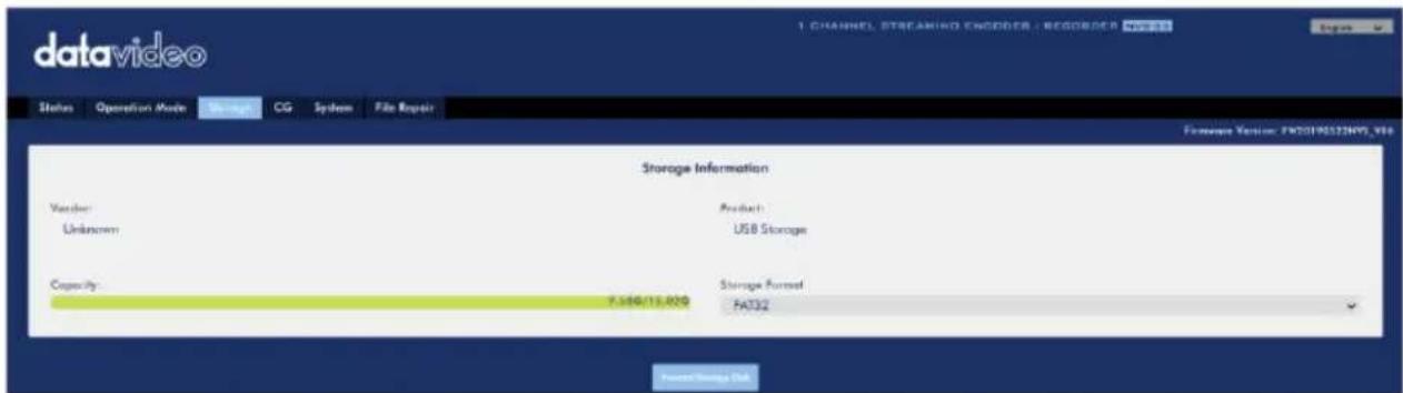 datavideo Status Operation Mode Storage CG System File Repair Storage Information Vendor Unknown Product USB Storage Capacity 7.146/15.820 Storage Format FA332 Form: Storage Map