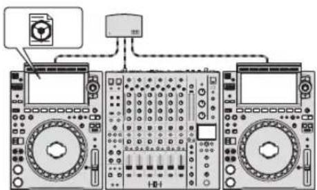 Diagram showing connections between two audio equipment units with a printer icon and signal interface