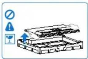Diagram showing a mechanical assembly with warning symbols and an upward arrow indicating motion or force