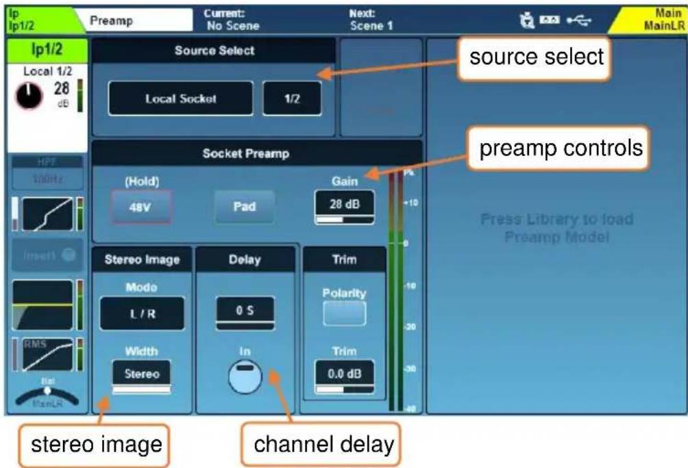 Ip Ip1/2 Preamp Current: No Scene Next: Scene 1 Main MainLR Ip1/2 Local 1/2 28 dB Source Select Local Socket 1/2 source select Socket Preamp (Hold) 48V Pad Gain 28 dB Preamp controls Presa Library to load Preamp Model HPF 100MHz Insert Stereo Image Mode L / R Width Stereo Delay 0 S In Trim Polarity Trim 0.0 dB stereo image channel delay