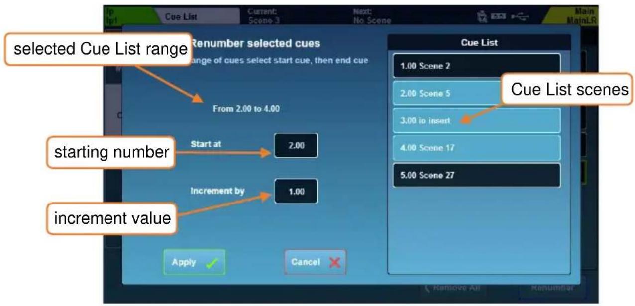 selected Cue List range from 2.00 to 4.00 starting number Start at 2.00 Increment by 1.00 increment value Apply ✓ Cancel ✗ Cue List 1.00 Scene 2 2.00 Scene 5 3.00 to insert 4.00 Scene 17 5.00 Scene 27 Cue List scenes