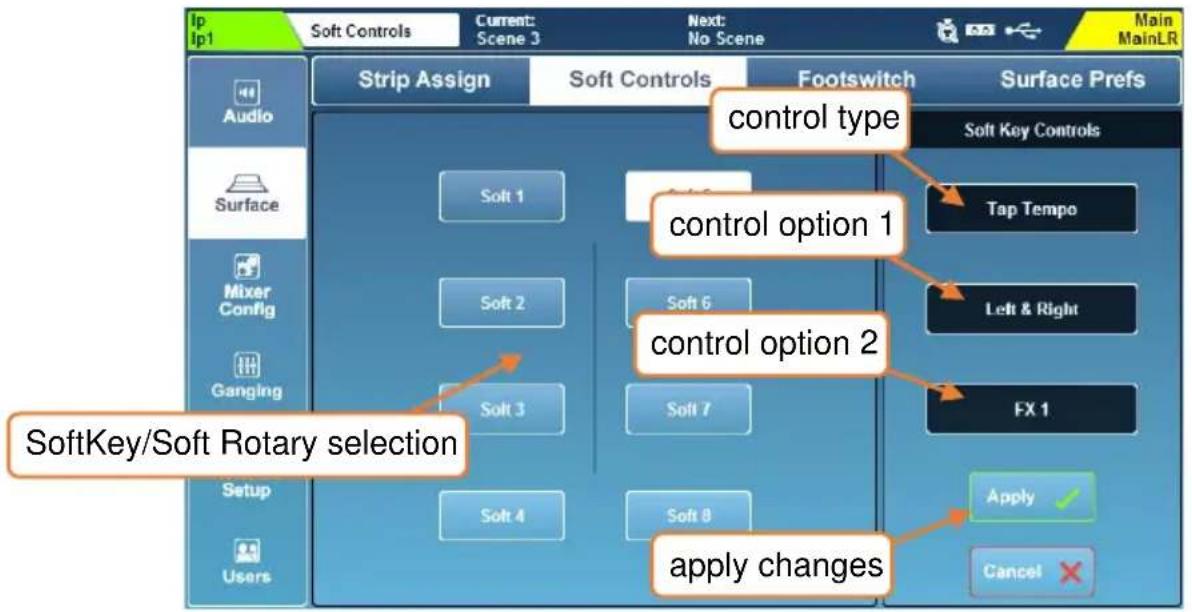 Ip Ip1 Soft Controls Current: Scene 3 Next: No Scene Main MainLR Audio Surface Mixer Config Ganging Setup Users Strip Assign Soft Controls Footswitch Surface Prefs control type Soft Key Controls Soft 1 control option 1 Tap Tempo Soft 2 Soft 6 Left & Right Soft 3 control option 2 Soft 7 FX 1 Soft 4 Soft 8 Apply Apply Cancel apply changes SoftKey/Soft Rotary selection