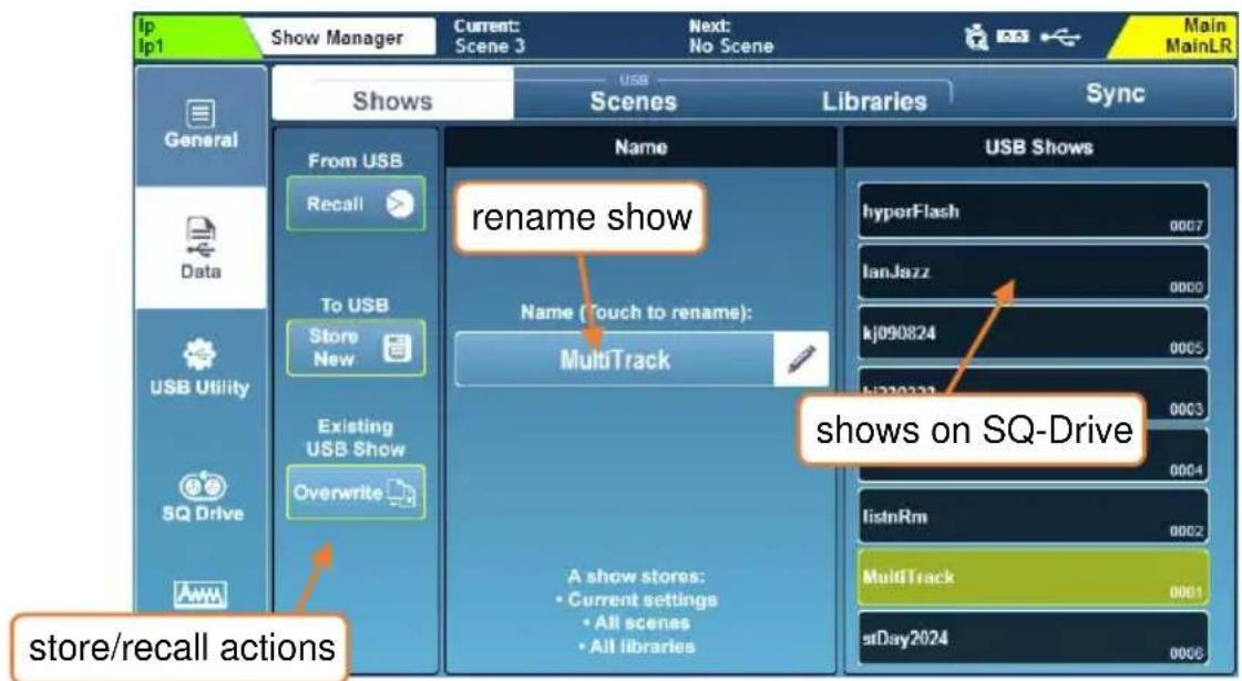 Ip Ip1 Show Manager Current: Scene 3 Next: No Scene Main MainLR Shows Scenes Libraries Sync General From USB Recall To USB Store New Existing USB Show Overwrite Name Name (Touch to rename): MultiTrack USB Shows hyperFlash 0007 lanJazz 0000 kj090824 0005 kj220222 0003 0004 listnRm 0002 MultiTrack 0001 stDay2024 0006 store/recall actions