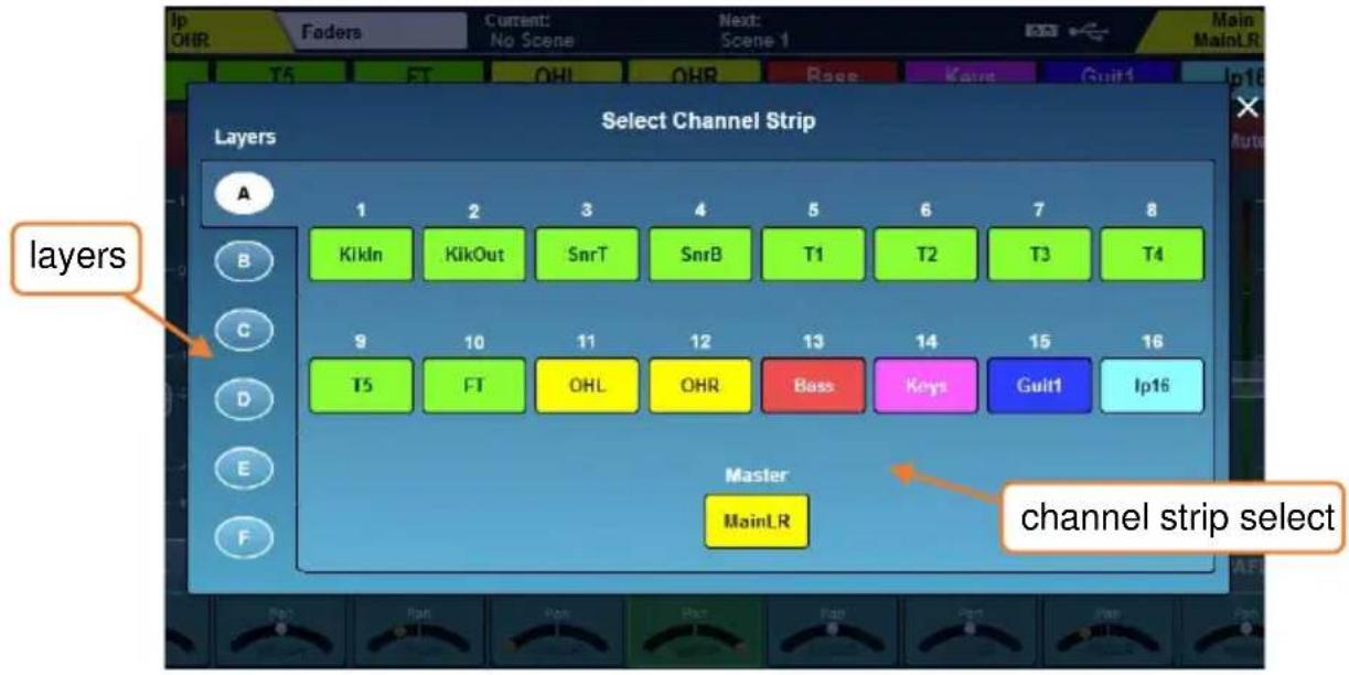 Layers Select Channel Strip Layers 1 2 3 4 5 6 7 8 KikIn KikOut SnrT SnrB T1 T2 T3 T4 9 10 11 12 13 14 15 16 T5 FT OHL OHR Bass Keys Guit1 Ip16 Master MainLR channel strip select