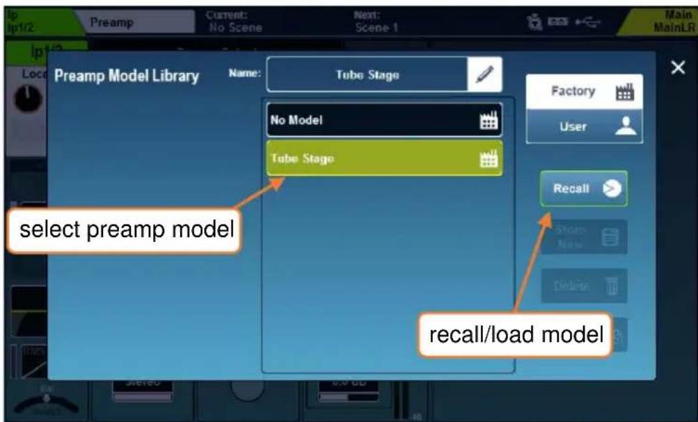 Preamp Model Library Name: Tube Stage No Model Tube Stage select preamp model Recall/load model Factory User Recall Start New Delete