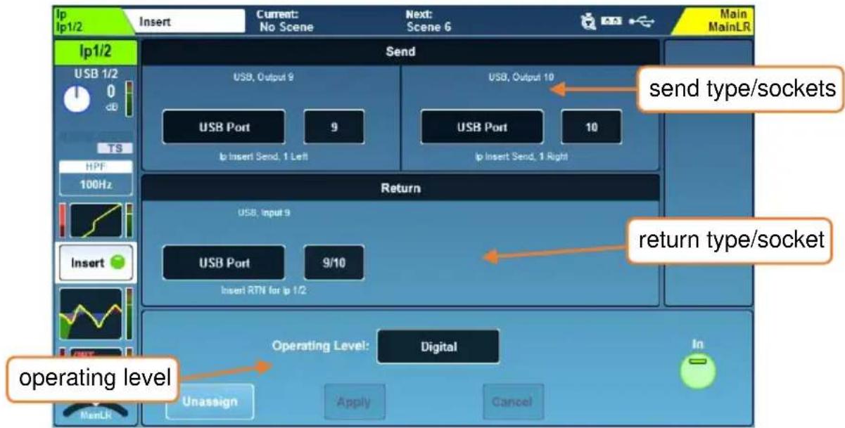 Ip Ip1/2 Insert Current: No Scene Next: Scene 6 Main MainLR Ip1/2 Send USB 1/2 0 dB TS HPF 100Hz Ip Insert Send, 1 Left USB Port 9 USB Port 10 Ip Insert Send, 1 Right Return USB, Input 9 USB Port 9/10 Insert RTN for ip 1/2 send type/sockets return type/socket Operating level Digital In Unassign Apply Cancel operating level
