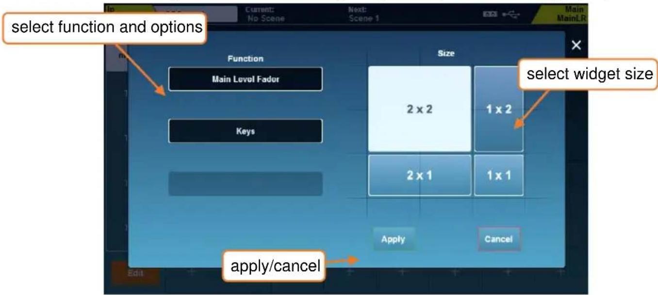 select function and options Main Level Fader Keys Size 2 x 2 1 x 2 2 x 1 1 x 1 Apply Cancel apply/cancel