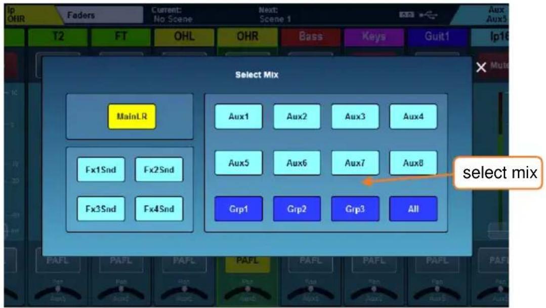 Select Mix MainLR Aux1 Aux2 Aux3 Aux4 Fx1Snd Fx2Snd Aux5 Aux6 Aux7 Aux8 Fx3Snd Fx4Snd Grp1 Grp2 Grp3 All select mix