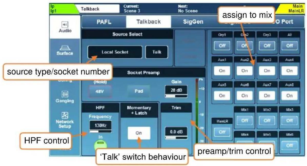 Ipl1 Talkback Current: Scene 3 Next: No Scene Main MainLR Audio PAFL Talkback SigGen Source Select Local Socket Talk Assign to mix 48V Pad 28 dB Socket Preamp (Hold) Gain HPF Frequency 130Hz Momentary + Latch Trim In On 0.0 dB Gangling Network Setup HPF control 'Talk' switch behaviour preamp/trim control