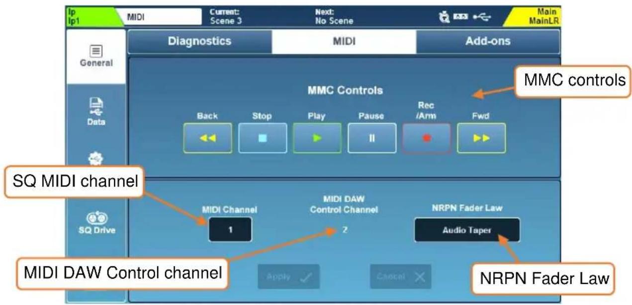 Ip Ip1 MIDI Current: Scene 3 Next: No Scene Main MainLR Diagnostics MIDI Add-ons General Data MMC Controls Back Stop Play Pause Rec /Arm Fwd SQ MIDI channel MQ Drive MIDI Channel 1 MIDI DAW Control Channel 2 NRPN Fader Law Audio Taper MIDI DAW Control channel Apply Cancel NRPN Fader Law