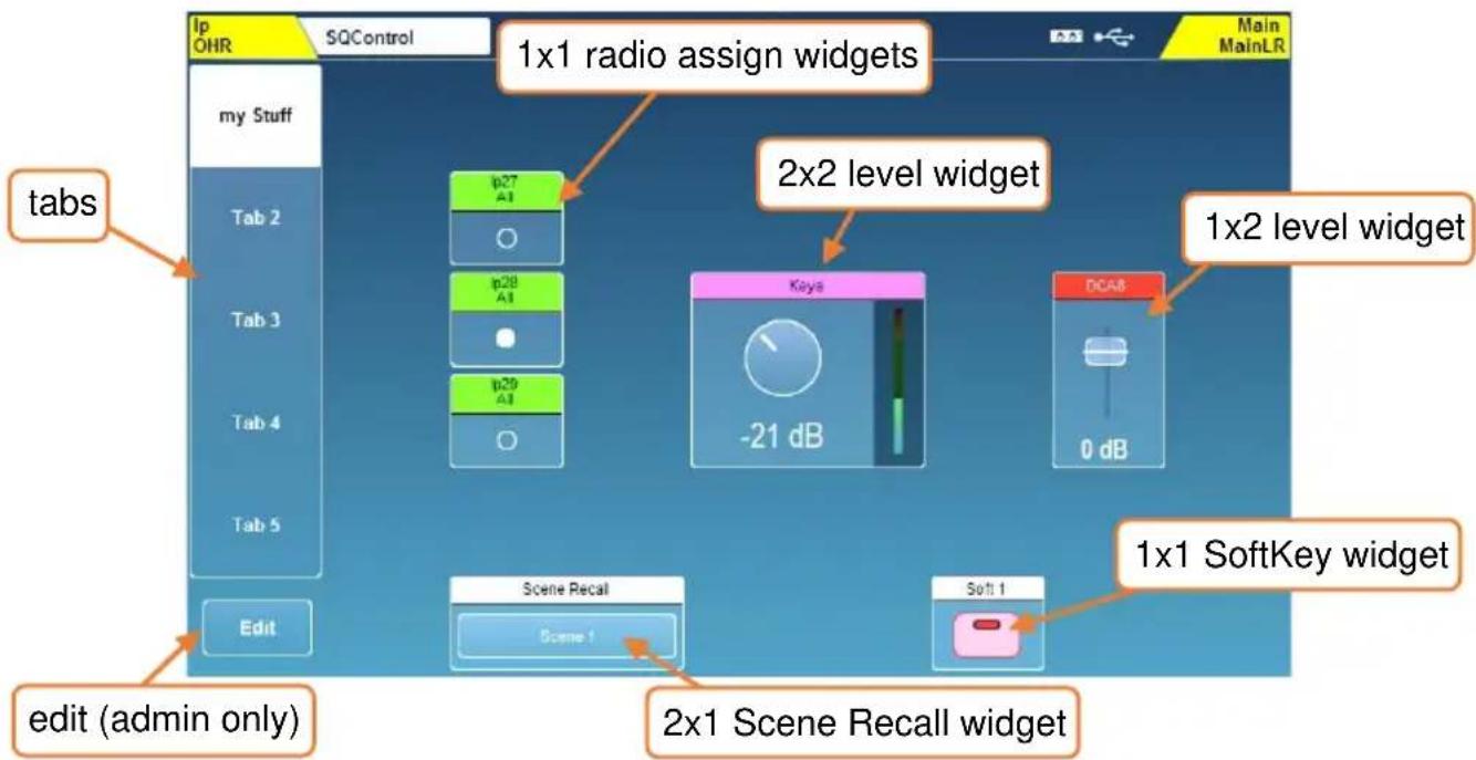 1x1 radio assign widgets Main OHR SQControl my Stuff tabs Tab 2 Tab 3 Tab 4 Tab 5 Edit 2x2 level widget 1x2 level widget 0 dB 1x1 SoftKey widget Scene Recall Scene 1 Edit (admin only) 2x1 Scene Recall widget Main MainLR ip27 A1 ip28 A1 ip29 A1 -21 dB