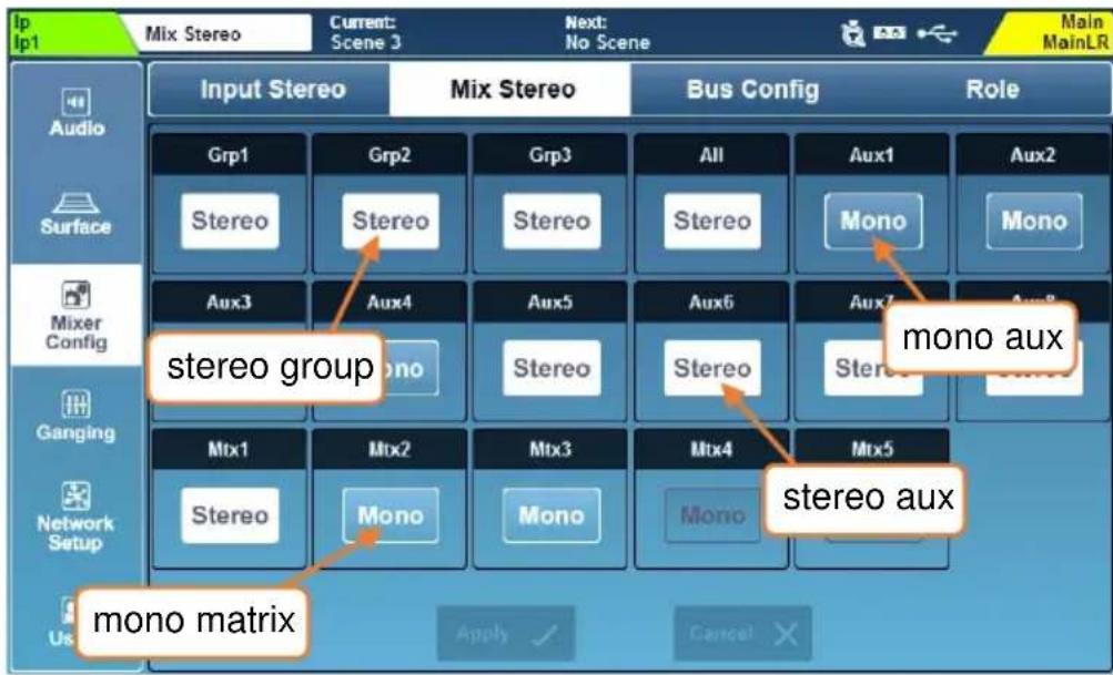Input Stereo Mix Stereo Bus Config Role Grp1 Grp2 Grp3 All Aux1 Aux2 Stereo Stereo Stereo Mono Mono Aux3 Aux4 Aux5 Aux6 Aux7 Aux8 Stereo Stereo group mono aux Ganging Mtx1 Mtx2 Mtx3 Mtx4 Mtx5 Stereo Mono Mono Stereo aux Network Setup Apply Cancel mono matrix